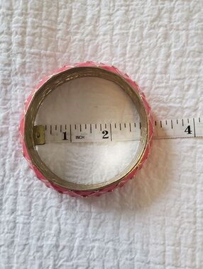 Pink Coral Enamel Bangle Bracelet With Silver Toned Design